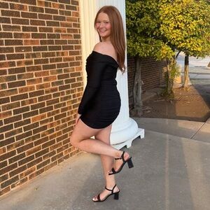 Satin black cocktail dress long sleeve and off the shoulder